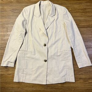 Elegant Women's Linen Cream Beige Chic Blazer Shoulder Pads Elbow Patches Size L